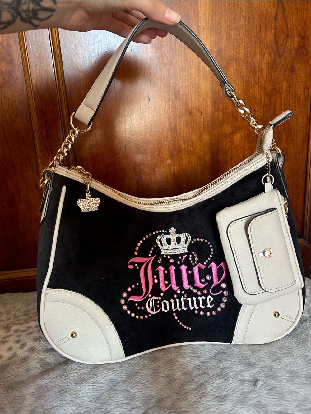 Juicy Couture Black and Cream Velour Rhinestone Logo Handbag with Coin Purse